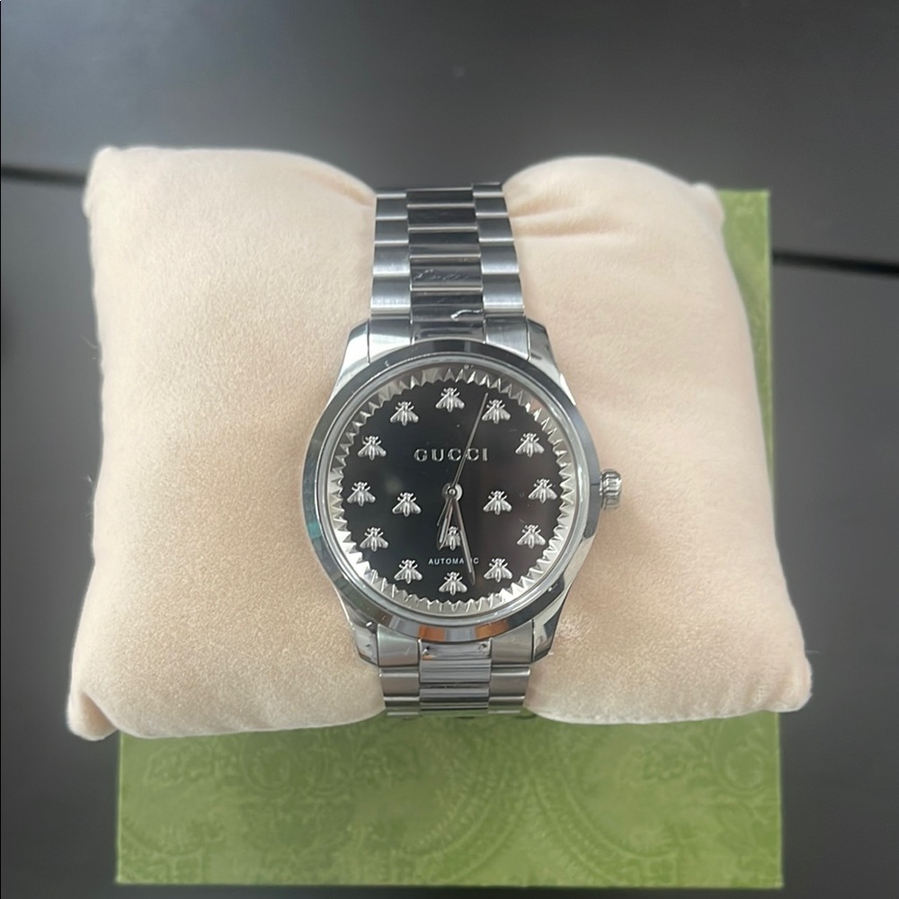 Gucci Silver Watch with Black Dial